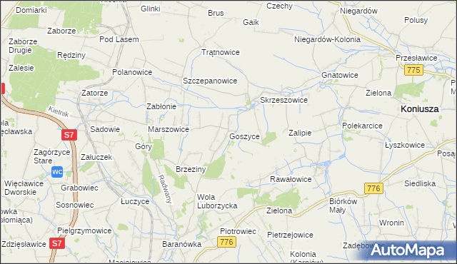 mapa Goszyce gmina Kocmyrzów-Luborzyca, Goszyce gmina Kocmyrzów-Luborzyca na mapie Targeo