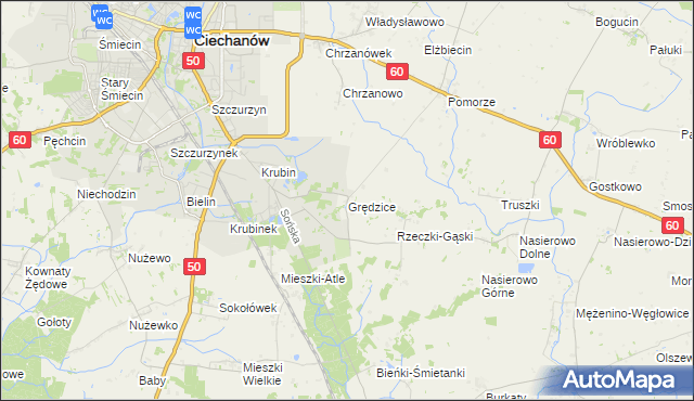 mapa Grędzice gmina Ciechanów, Grędzice gmina Ciechanów na mapie Targeo