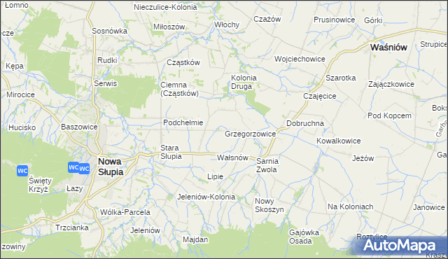 mapa Grzegorzowice gmina Waśniów, Grzegorzowice gmina Waśniów na mapie Targeo