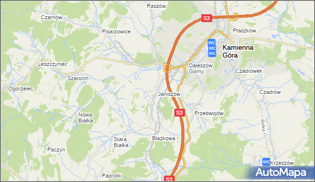 mapa Janiszów gmina Kamienna Góra, Janiszów gmina Kamienna Góra na mapie Targeo