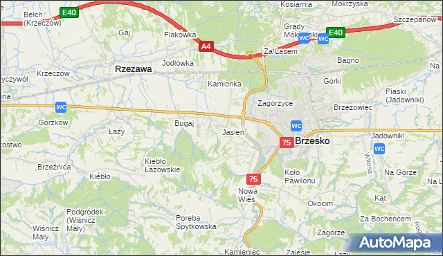 mapa Jasień gmina Brzesko, Jasień gmina Brzesko na mapie Targeo