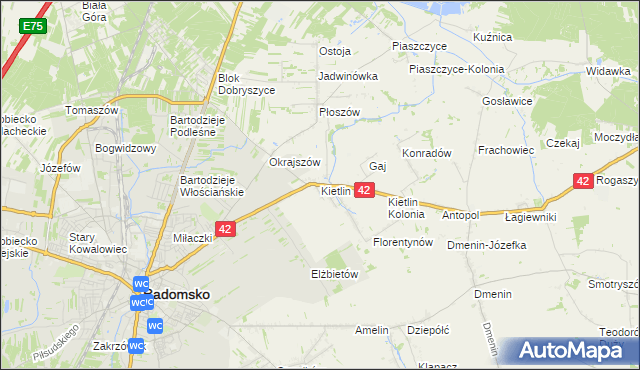 mapa Kietlin gmina Radomsko, Kietlin gmina Radomsko na mapie Targeo