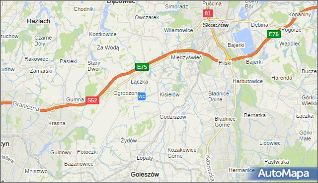 mapa Kisielów gmina Goleszów, Kisielów gmina Goleszów na mapie Targeo