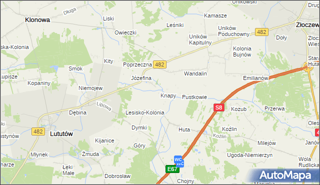 mapa Knapy gmina Lututów, Knapy gmina Lututów na mapie Targeo