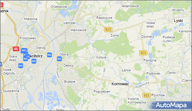 mapa Kobyla gmina Kornowac, Kobyla gmina Kornowac na mapie Targeo