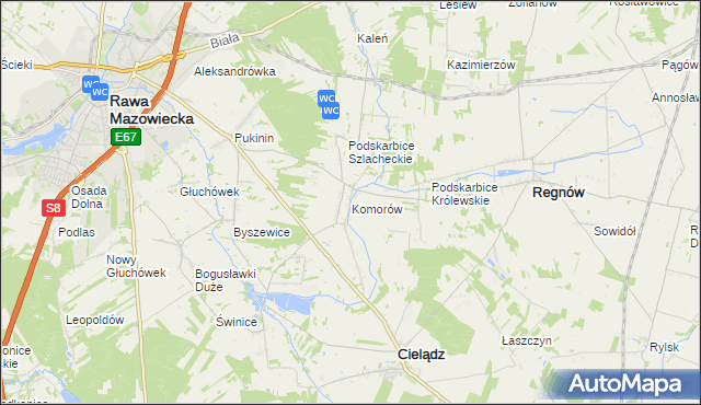 mapa Komorów gmina Cielądz, Komorów gmina Cielądz na mapie Targeo