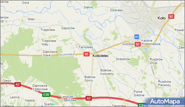 mapa Kościelec powiat kolski, Kościelec powiat kolski na mapie Targeo