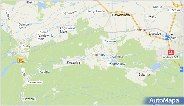 mapa Kośmidry gmina Pawonków, Kośmidry gmina Pawonków na mapie Targeo