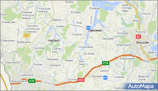 mapa Kostkowice gmina Dębowiec, Kostkowice gmina Dębowiec na mapie Targeo