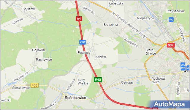 mapa Kozłów gmina Sośnicowice, Kozłów gmina Sośnicowice na mapie Targeo
