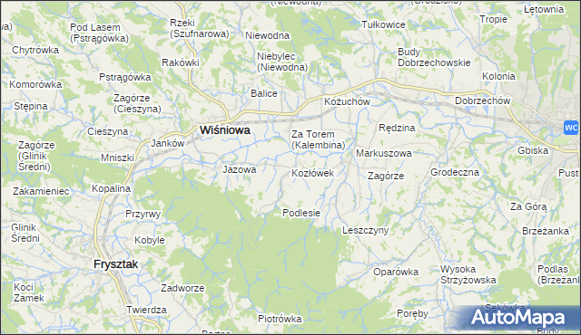 mapa Kozłówek gmina Wiśniowa, Kozłówek gmina Wiśniowa na mapie Targeo