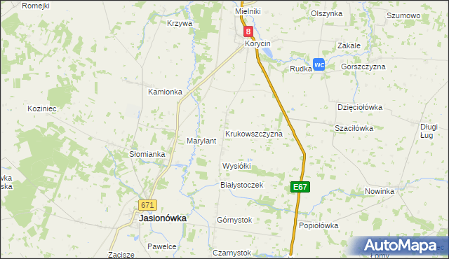 mapa Krukowszczyzna gmina Korycin, Krukowszczyzna gmina Korycin na mapie Targeo