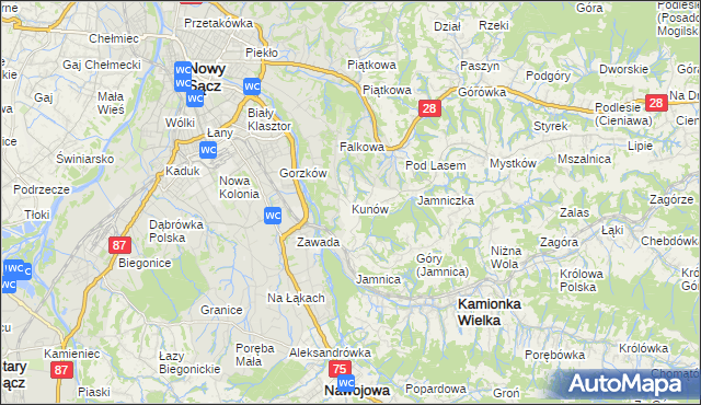 mapa Kunów gmina Chełmiec, Kunów gmina Chełmiec na mapie Targeo