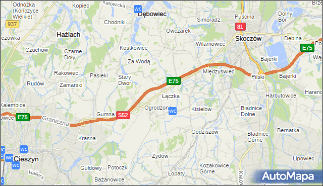 mapa Łączka gmina Dębowiec, Łączka gmina Dębowiec na mapie Targeo
