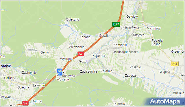 mapa Łączna powiat skarżyski, Łączna powiat skarżyski na mapie Targeo