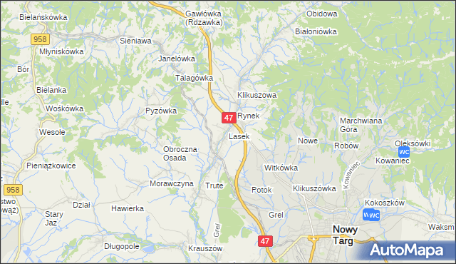 mapa Lasek gmina Nowy Targ, Lasek gmina Nowy Targ na mapie Targeo