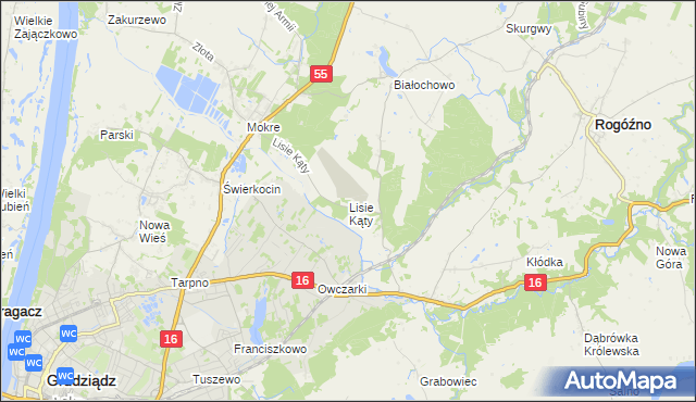 mapa Lisie Kąty gmina Grudziądz, Lisie Kąty gmina Grudziądz na mapie Targeo