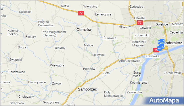 mapa Łojowice gmina Samborzec, Łojowice gmina Samborzec na mapie Targeo