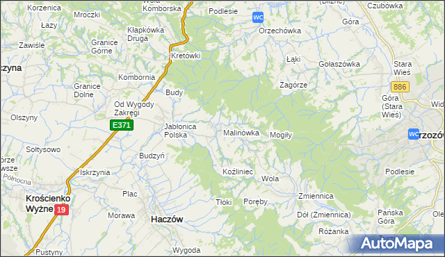 mapa Malinówka gmina Haczów, Malinówka gmina Haczów na mapie Targeo