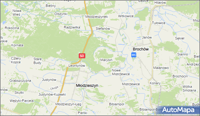 mapa Marysin gmina Młodzieszyn, Marysin gmina Młodzieszyn na mapie Targeo