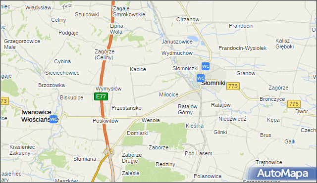 mapa Miłocice gmina Słomniki, Miłocice gmina Słomniki na mapie Targeo