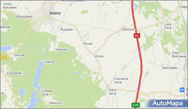 mapa Mirotki gmina Skórcz, Mirotki gmina Skórcz na mapie Targeo