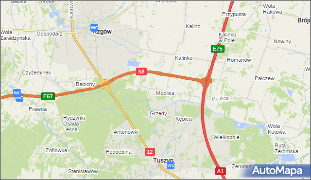 mapa Modlica gmina Tuszyn, Modlica gmina Tuszyn na mapie Targeo