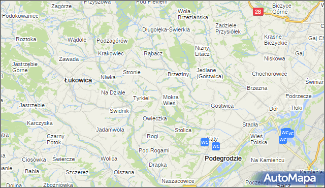 mapa Mokra Wieś gmina Podegrodzie, Mokra Wieś gmina Podegrodzie na mapie Targeo