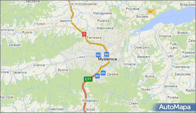 mapa Myślenice, Myślenice na mapie Targeo