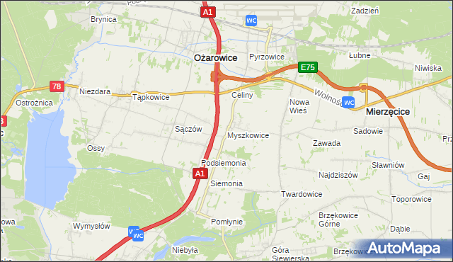 mapa Myszkowice gmina Bobrowniki, Myszkowice gmina Bobrowniki na mapie Targeo