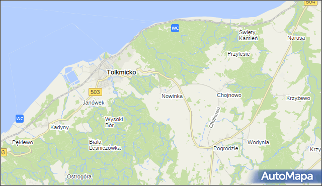 mapa Nowinka gmina Tolkmicko, Nowinka gmina Tolkmicko na mapie Targeo