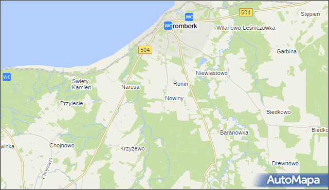mapa Nowiny gmina Frombork, Nowiny gmina Frombork na mapie Targeo