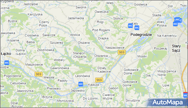 mapa Olszanka gmina Podegrodzie, Olszanka gmina Podegrodzie na mapie Targeo
