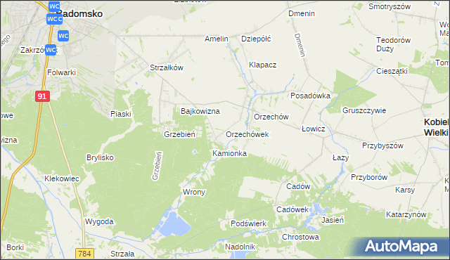 mapa Orzechówek gmina Kobiele Wielkie, Orzechówek gmina Kobiele Wielkie na mapie Targeo