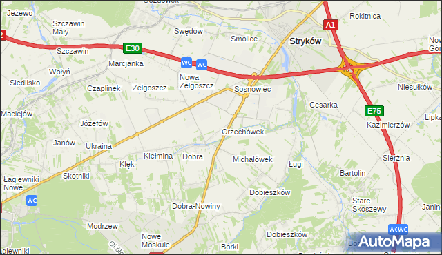 mapa Orzechówek gmina Stryków, Orzechówek gmina Stryków na mapie Targeo