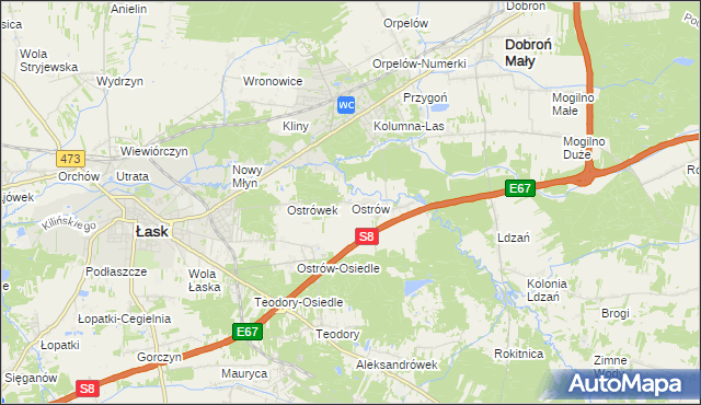 mapa Ostrów gmina Łask, Ostrów gmina Łask na mapie Targeo