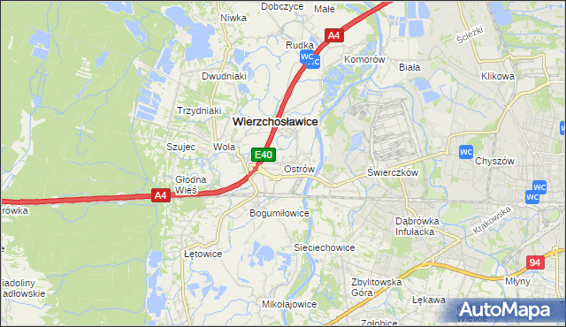 mapa Ostrów gmina Wierzchosławice, Ostrów gmina Wierzchosławice na mapie Targeo