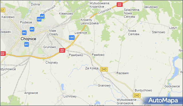 mapa Pawłowo gmina Chojnice, Pawłowo gmina Chojnice na mapie Targeo