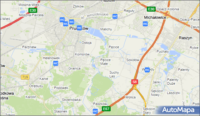 mapa Pęcice Małe, Pęcice Małe na mapie Targeo