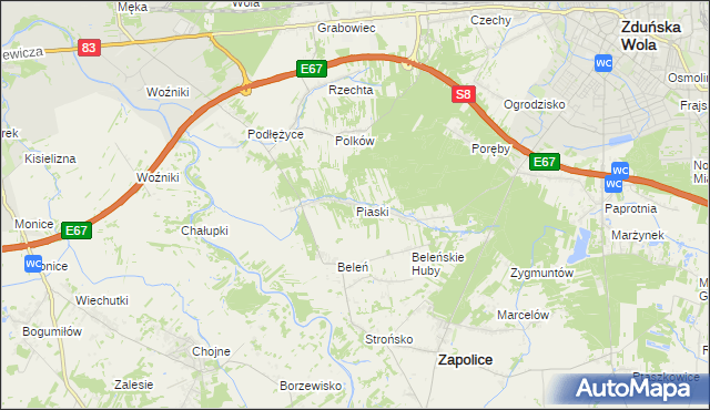 mapa Piaski gmina Zduńska Wola, Piaski gmina Zduńska Wola na mapie Targeo