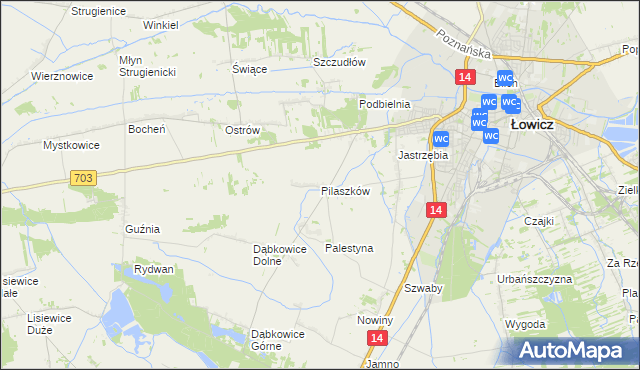 mapa Pilaszków gmina Łowicz, Pilaszków gmina Łowicz na mapie Targeo