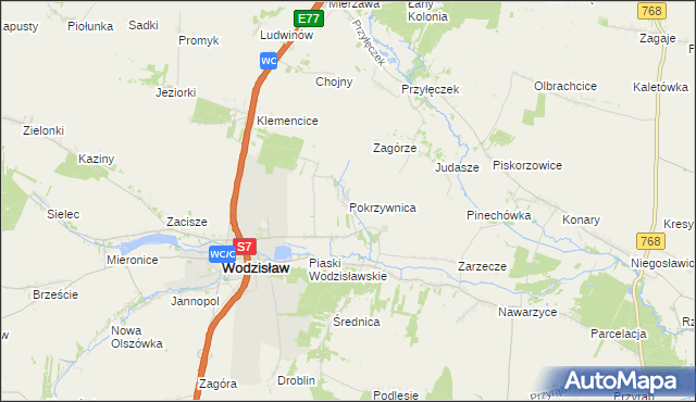 mapa Pokrzywnica gmina Wodzisław, Pokrzywnica gmina Wodzisław na mapie Targeo