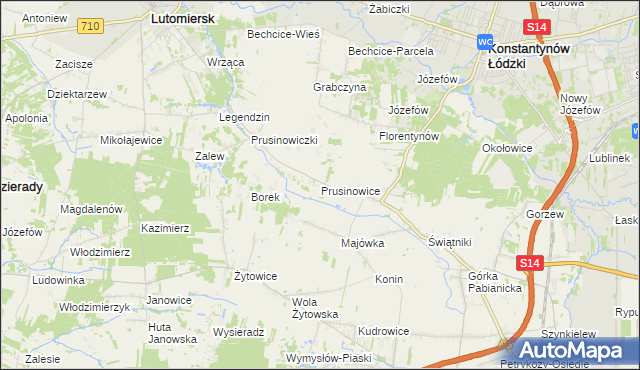 mapa Prusinowice gmina Lutomiersk, Prusinowice gmina Lutomiersk na mapie Targeo