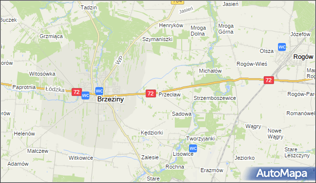 mapa Przecław gmina Brzeziny, Przecław gmina Brzeziny na mapie Targeo