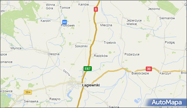mapa Radzików gmina Łagiewniki, Radzików gmina Łagiewniki na mapie Targeo