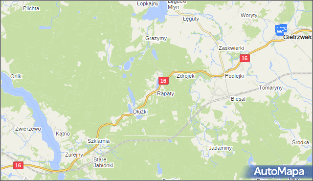 mapa Rapaty gmina Gietrzwałd, Rapaty gmina Gietrzwałd na mapie Targeo