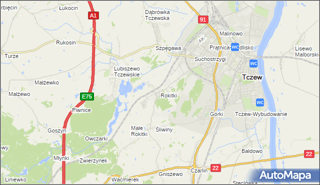 mapa Rokitki gmina Tczew, Rokitki gmina Tczew na mapie Targeo