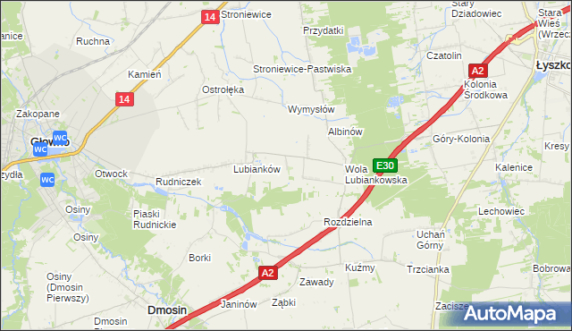 mapa Różany gmina Głowno, Różany gmina Głowno na mapie Targeo