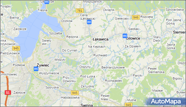 mapa Rychwałd gmina Gilowice, Rychwałd gmina Gilowice na mapie Targeo