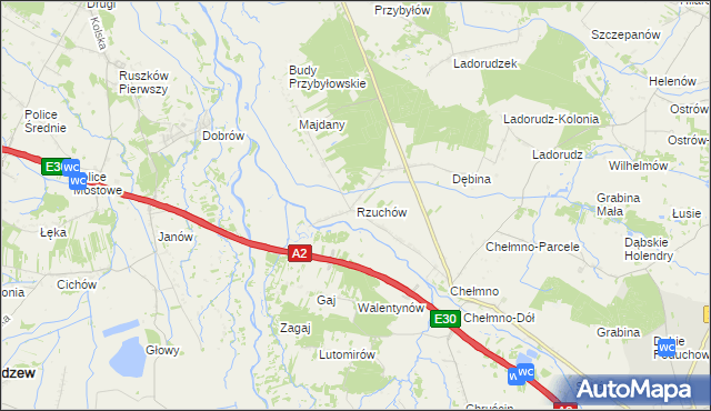 mapa Rzuchów gmina Dąbie, Rzuchów gmina Dąbie na mapie Targeo